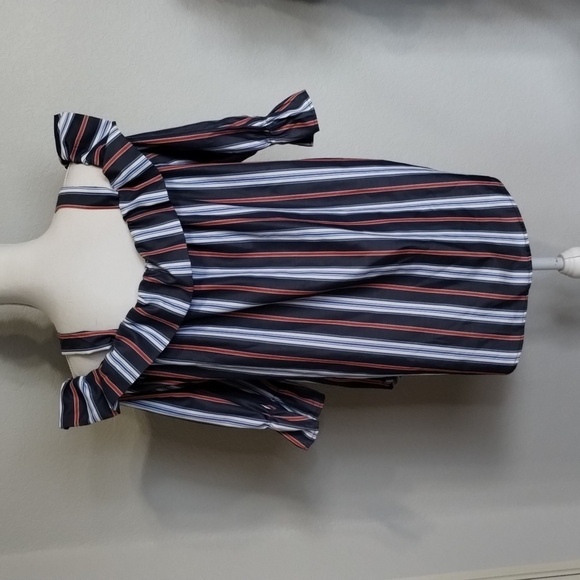 Janet Chung Blue Red White Striped Size Large Button down open shoulder - Picture 6 of 13